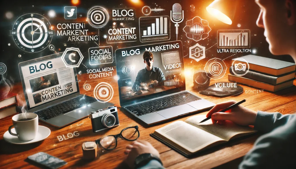 Imagem realista de marketing de conteúdo com pessoa criando posts e materiais digitais em ambiente moderno e criativo
