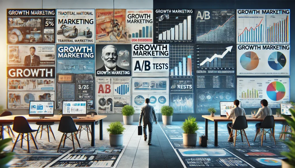 Imagem realista comparando marketing tradicional com growth marketing, destacando dados, testes e foco em crescimento