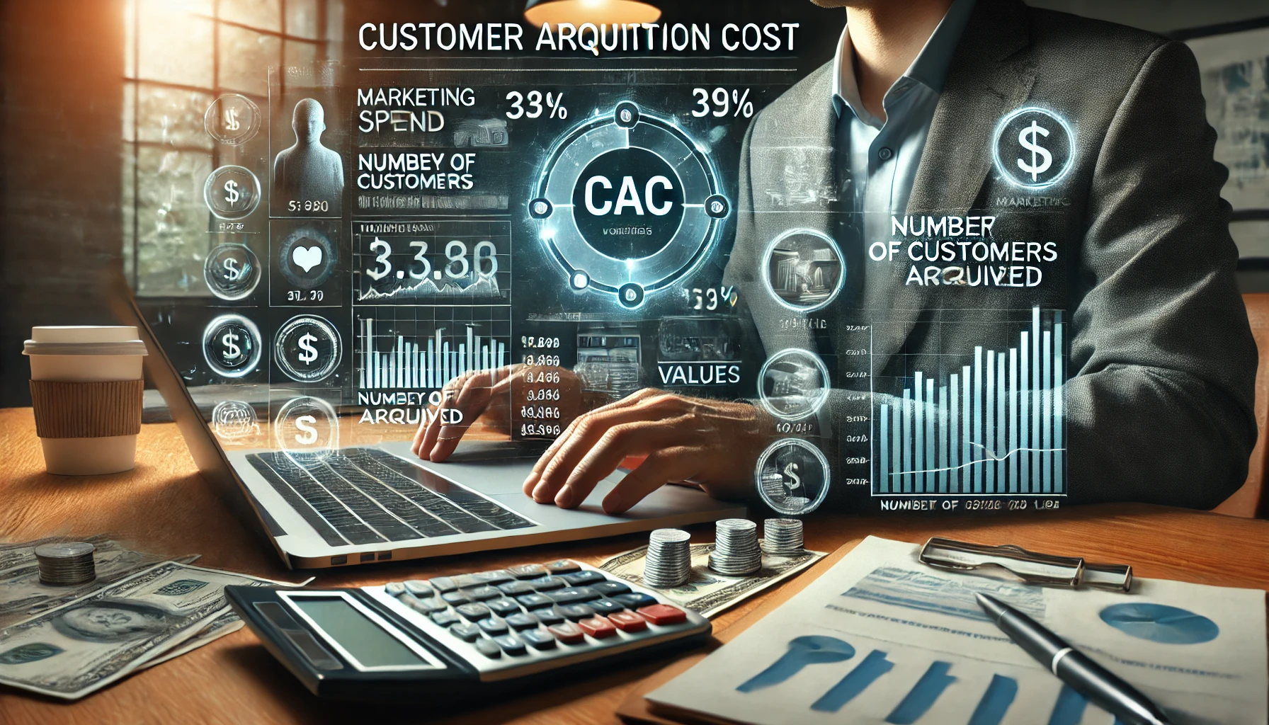 Imagem realista de custo de aquisição de clientes com profissional analisando gráficos e relatórios financeiro