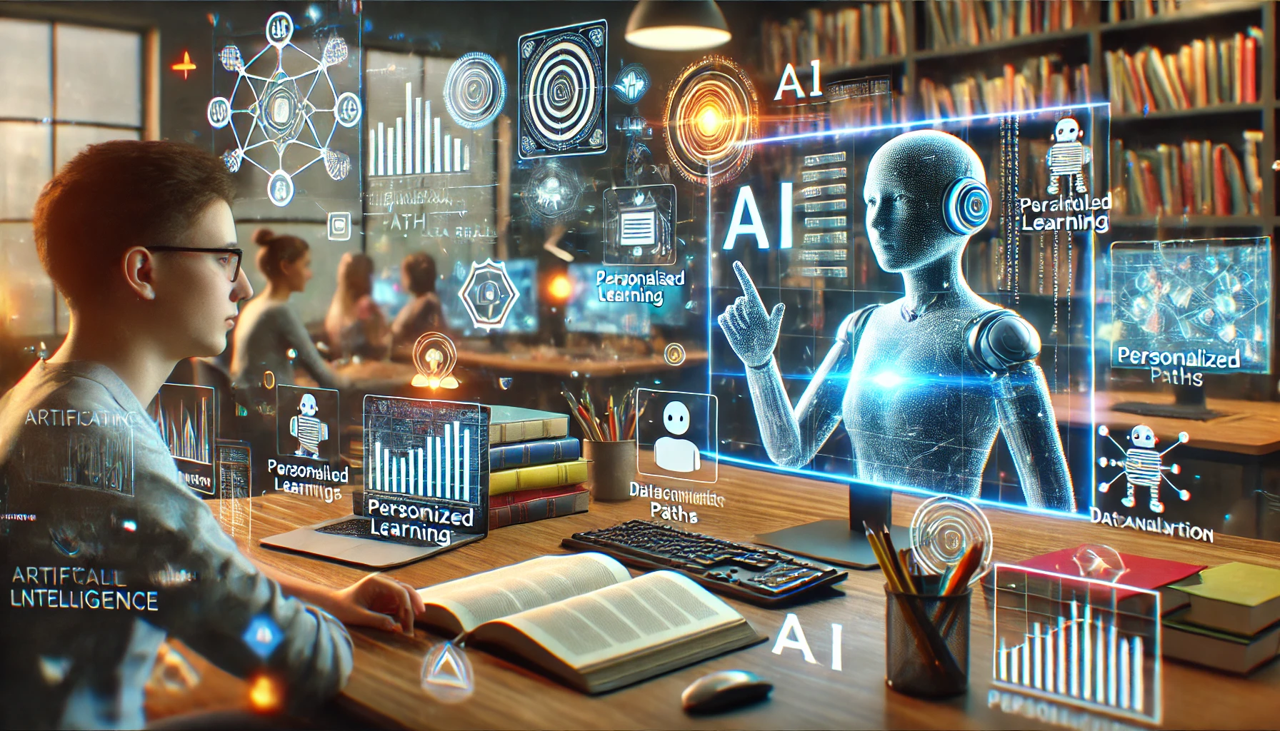 Imagem realista e futurista mostrando o impacto da inteligência artificial na aprendizagem com aluno interagindo com tutor virtual
