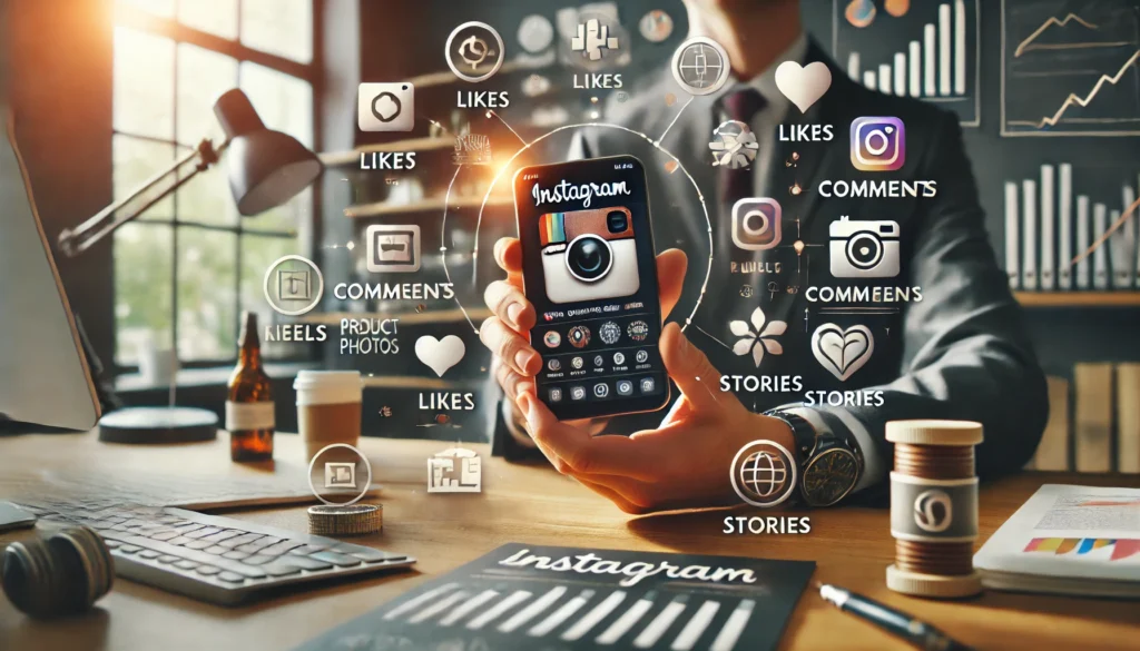 Imagem realista mostrando o Instagram como ferramenta de negócios com empreendedor usando o app para engajar e vende