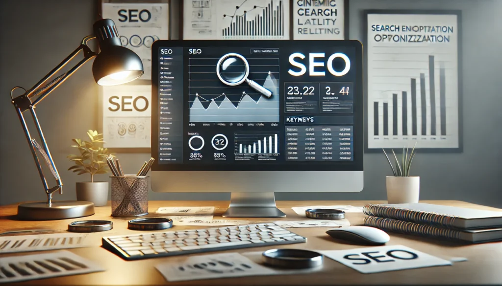 Imagem realista de SEO com tela exibindo gráficos de desempenho e estratégias de otimização para mecanismos de busc