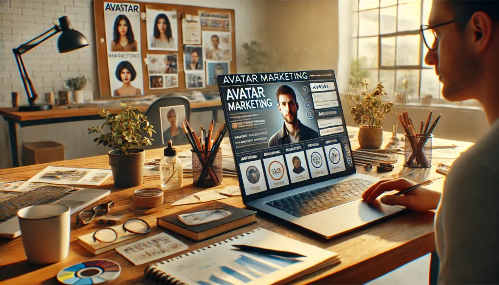 Imagem realista de Avatar Marketing com laptop mostrando perfil de cliente ideal em ambiente criativo