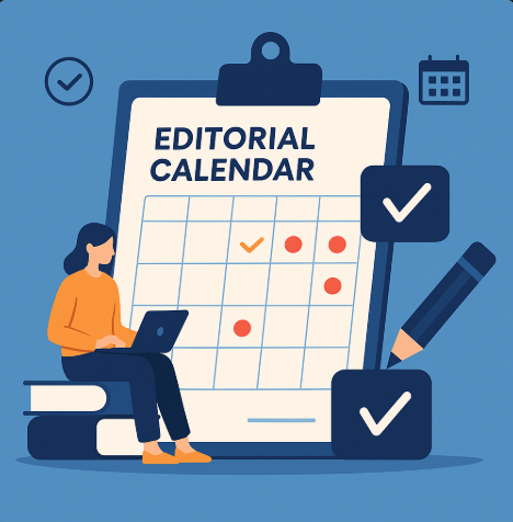 alt="Ilustração de calendário editorial com mulher organizando cronograma de publicações"