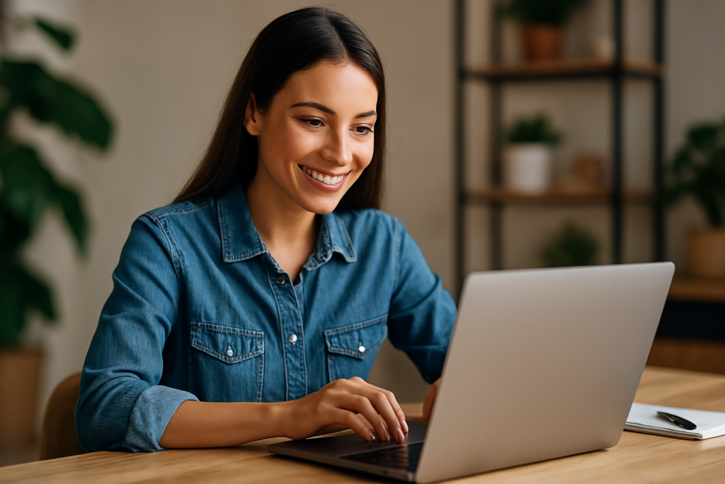 "Mulher jovem trabalhando em laptop em ambiente iluminado, representando ideias de negócios online"