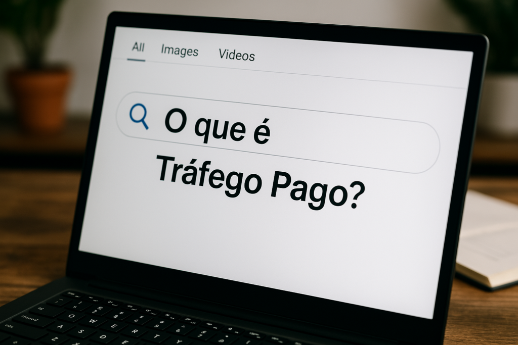 alt="Tela de computador com busca sobre tráfego pago em ambiente de trabalho com iluminação natural"