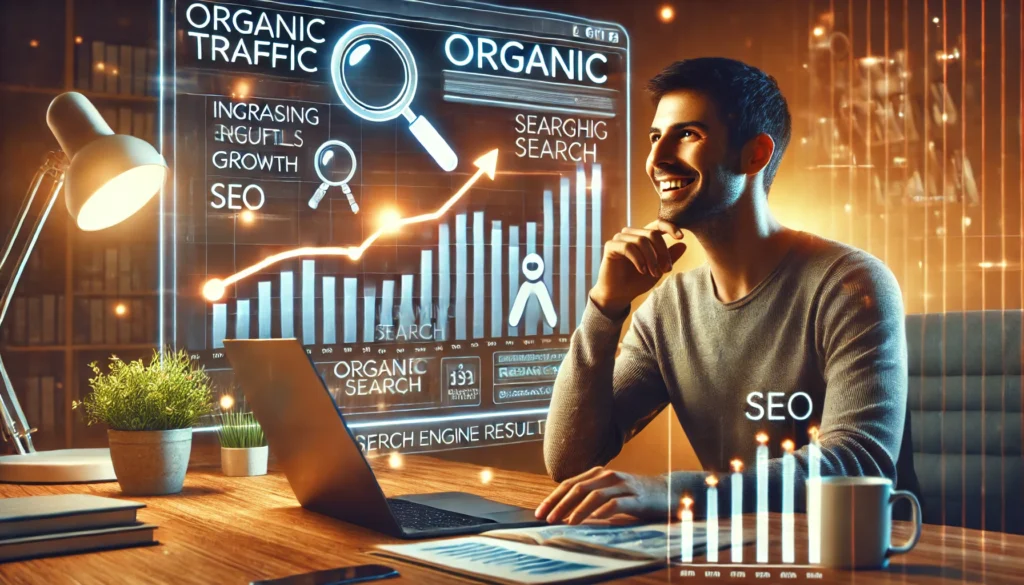 Profissional acompanhando aumento de visitas orgânicas a partir de conteúdo ranqueado no Google