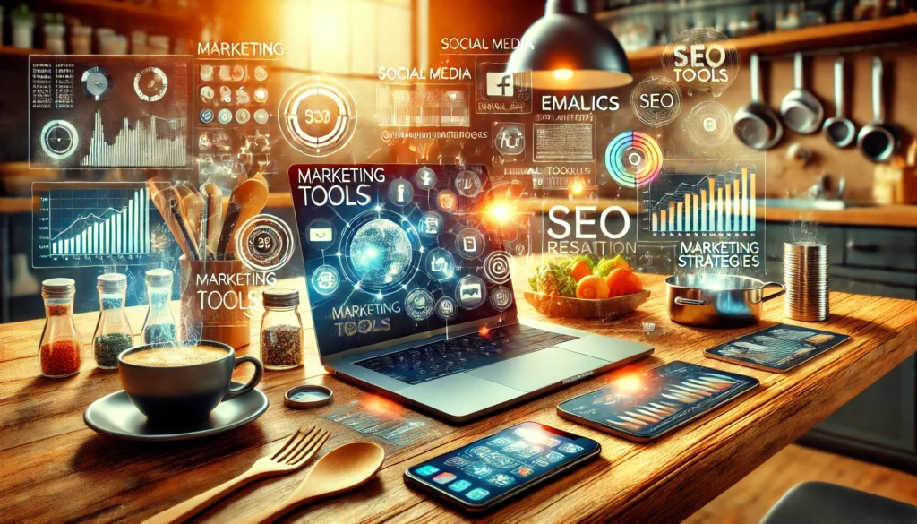 Workspace moderno com ferramentas digitais de marketing e metáforas visuais com utensílios de cozinha