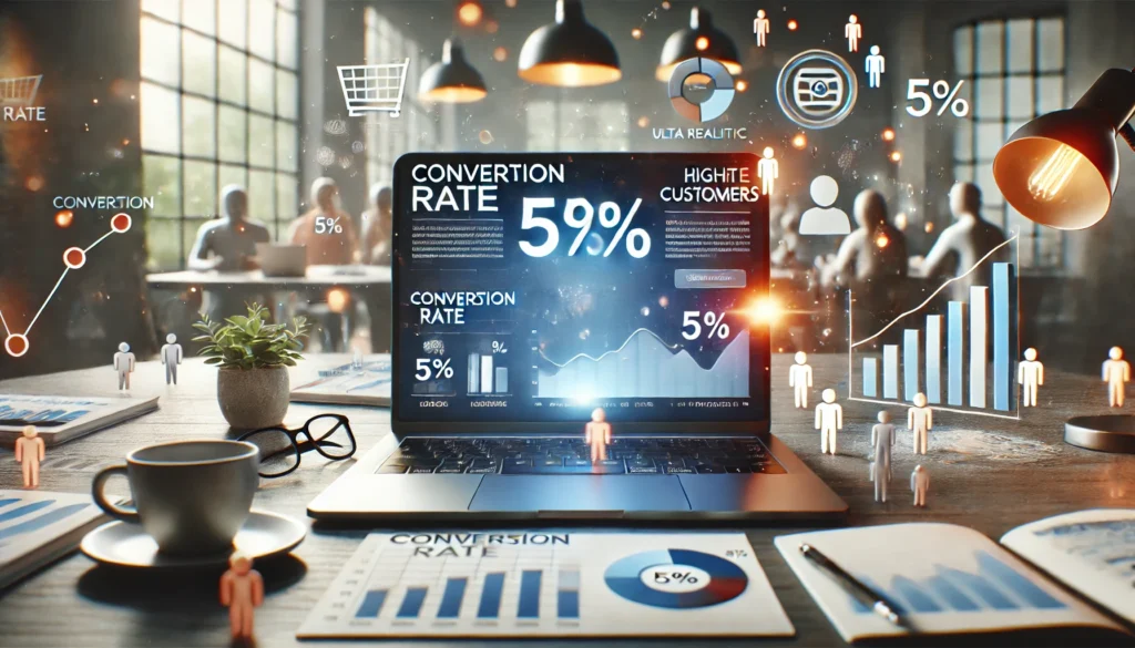Imagem realista sobre taxa de conversão com laptop exibindo dashboard e transição de visitantes para compradores
