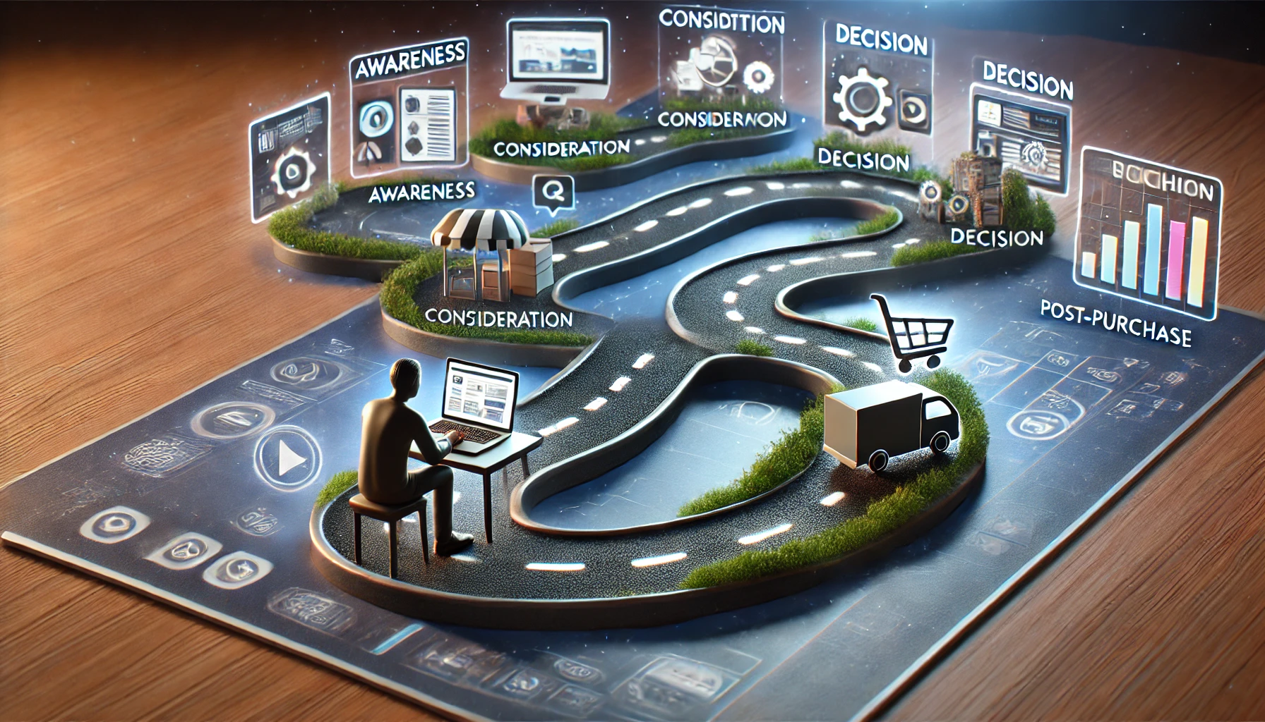 magem sobre jornada de compra com elementos digitais e presenciais conectando cada fase da experiência do consumidor