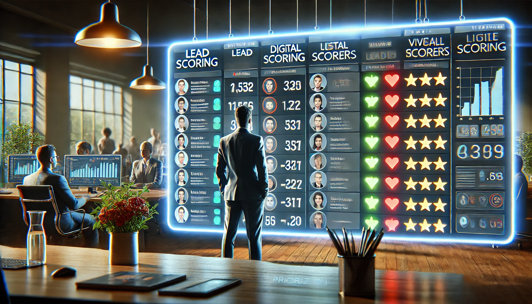 Imagem realista de lead scoring com profissional analisando lista de leads priorizados por pontuação em ambiente de marketing digita
