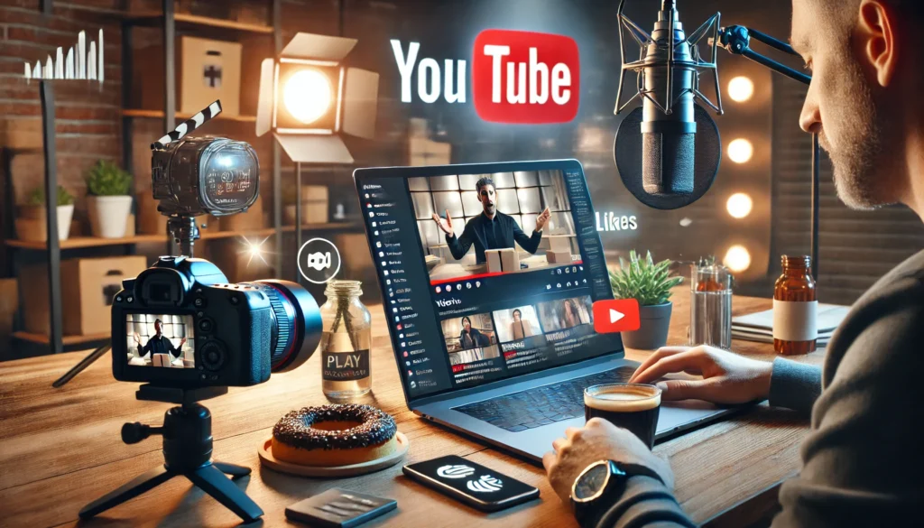 alt="Imagem realista mostrando o poder do YouTube para vendas com criador de conteúdo gravando e produto em destaque na plataforma"
