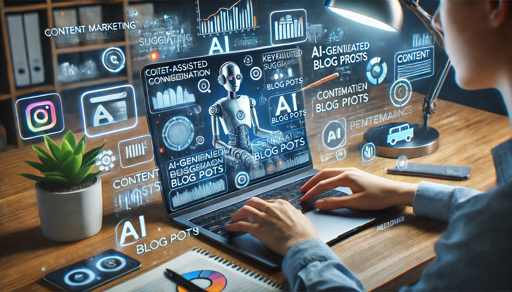 alt="Imagem realista de marketing de conteúdo com inteligência artificial mostrando ferramentas de criação automatizada e análise de performance"