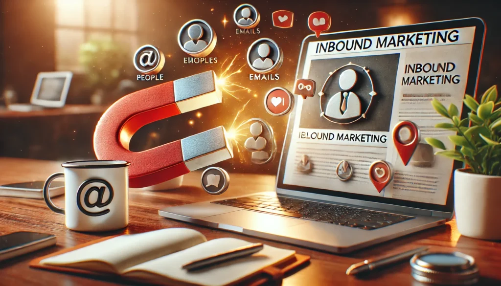 Imagem realista sobre Inbound Marketing com ícones de pessoas e conteúdo sendo atraídos por um ímã em direção a um blog