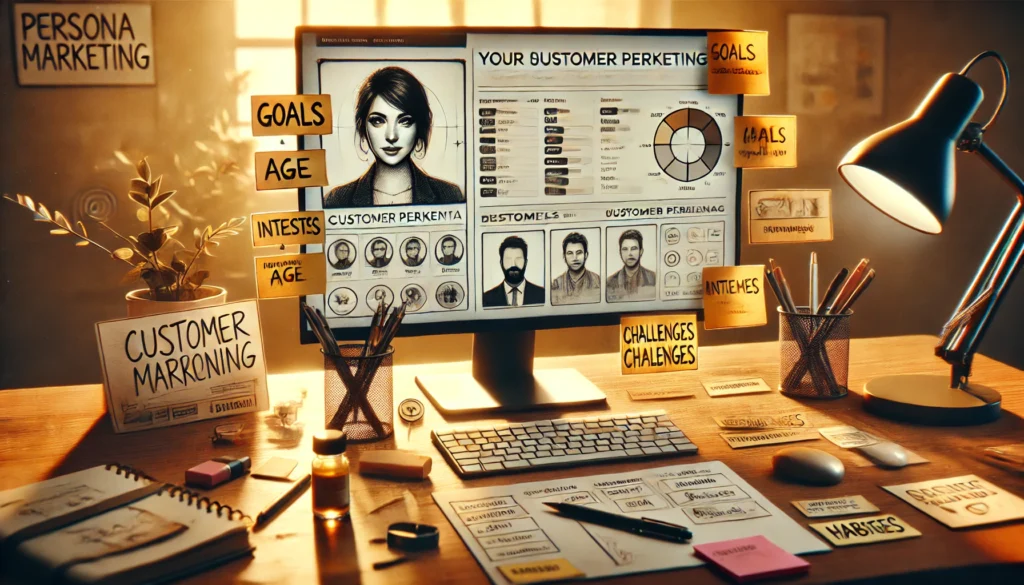Imagem realista sobre Persona Marketing com perfil fictício de cliente ideal exibido em ambiente de trabalho criativ