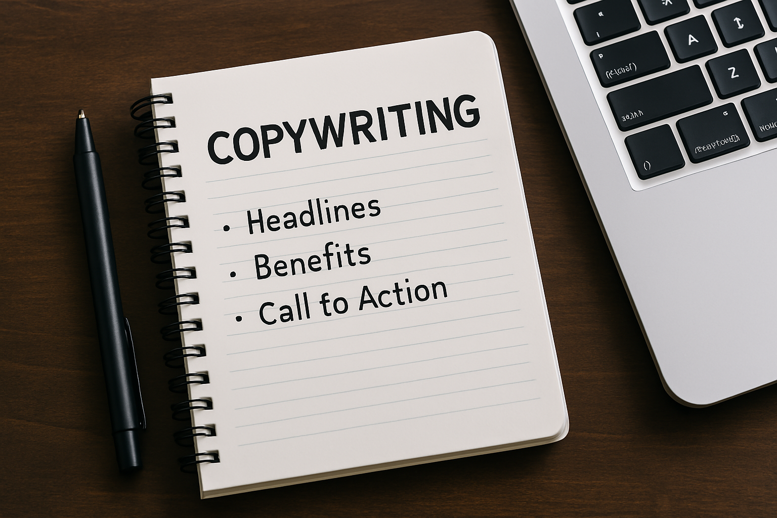 alt="Caderno com a palavra copywriting escrita à mão ao lado de um notebook e caneta sobre mesa de madeira"