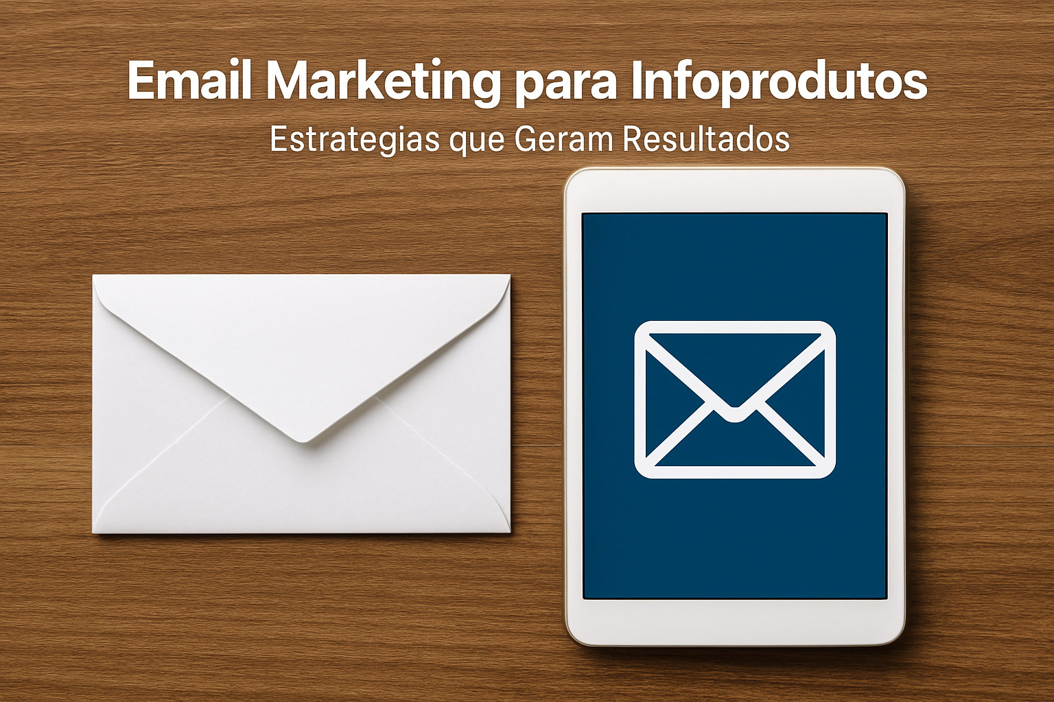 alt="Tablet com ícone de email ao lado de envelope branco em superfície de madeira, representando estratégias de email marketing para infoprodutos"