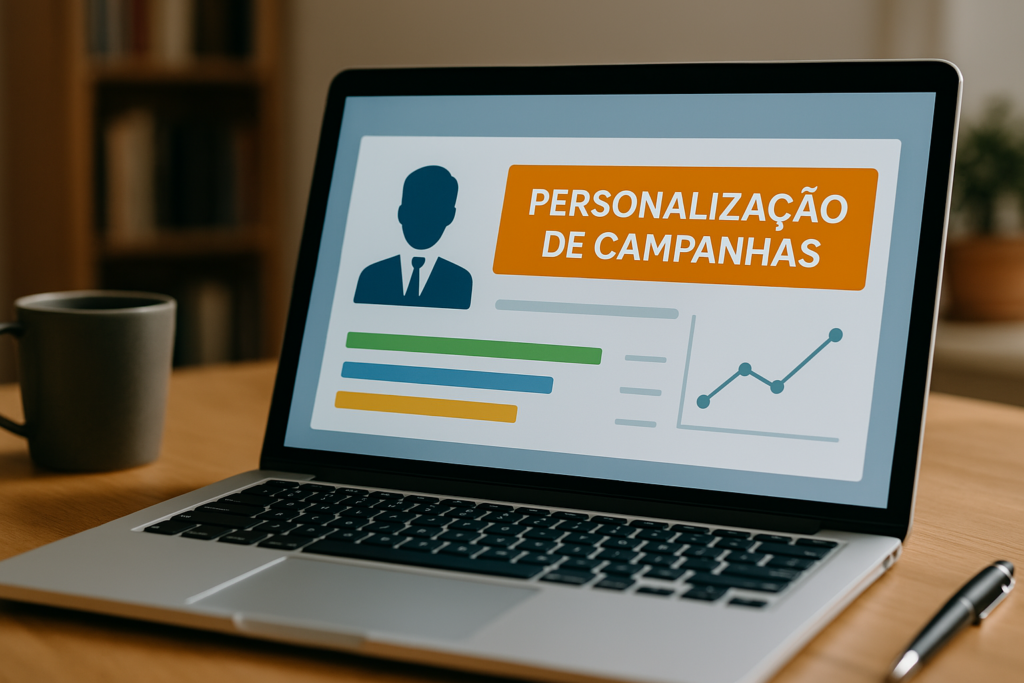 alt="Laptop exibindo painel de personalização de campanhas com gráficos e avatar em ambiente de trabalho organizado"