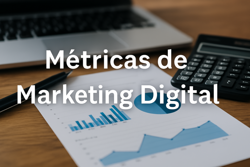 alt="Relatório impresso com gráficos de barras e pizza sobre mesa de madeira, representando métricas de marketing digital"
